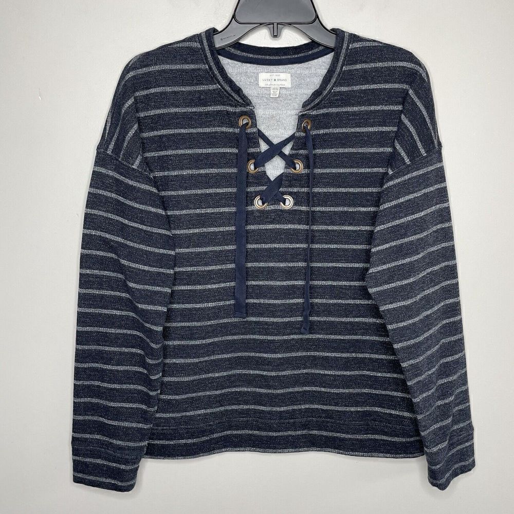 LUCKY BRAND Sweatshirt Womens Medium M Lace Up Pullover Blue Stripe Cotton-Blend
